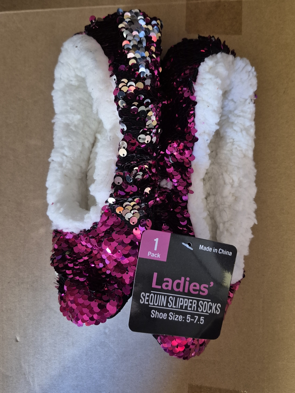Ladies' Pink Sequin Slipper Socks